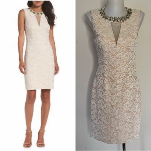 Eliza J Dress Embellished Lace Sheath Ivory Lined Wedding Neutral Floral Sz 6 - Picture 1 of 16